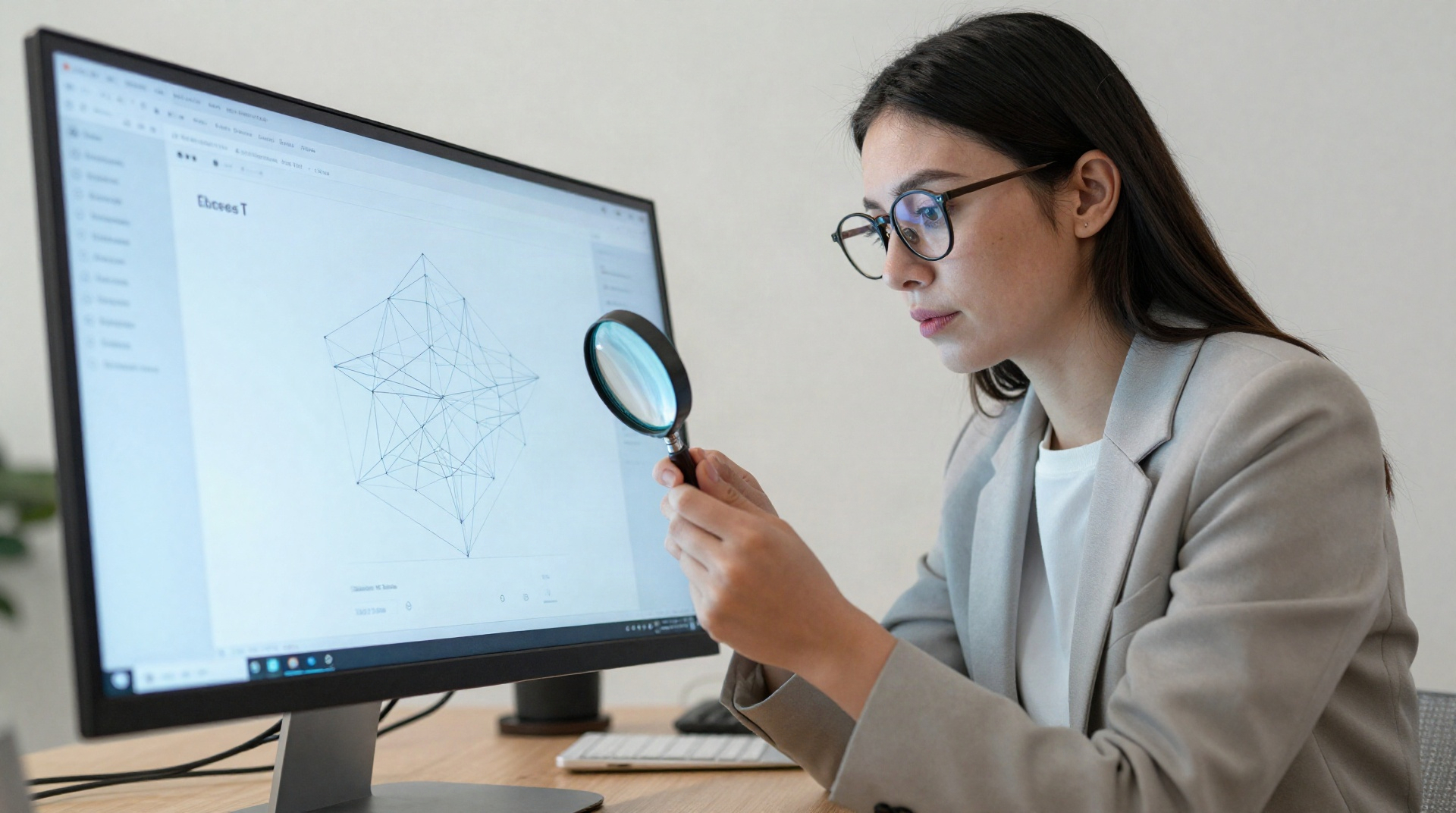 QA-специалист внимательно изучает каркас сайта через лупу на мониторе.